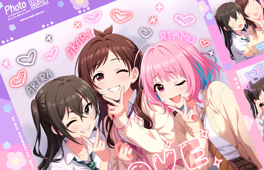 #unicus_(idolmaster) 3girls ahoge anime_coloring blue_hair blush breasts brown_hair brown_necktie cardigan character_name collarbone collared_shirt crossed_bangs diagonal-striped_clothes diagonal-striped_necktie faceless green_necktie grin hair_between_eyes heart idolmaster idolmaster_cinderella_girls idolmaster_cinderella_girls_starlight_stage leaning_to_the_side long_hair long_sleeves looking_at_viewer medium_breasts medium_hair mole mole_under_eye multicolored_hair multiple_girls multiple_views necktie official_alternate_costume official_art one_eye_closed open_cardigan open_clothes open_mouth pink_eyes pink_hair sharp_teeth shirt skirt smile striped_clothes sunazuka_akira teeth tsujino_akari two-tone_hair white_shirt yumemi_riamu
