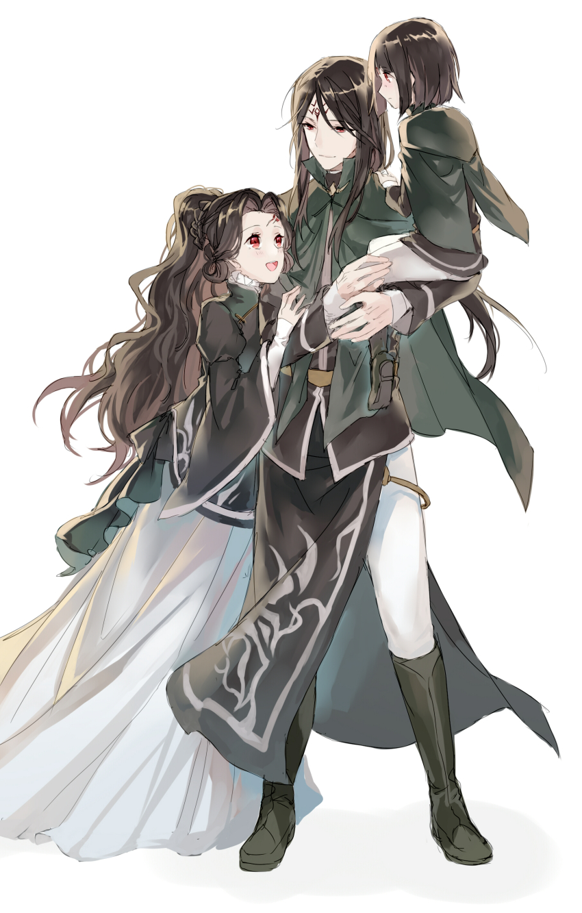 1girl 2boys absurdres aged_down almedha_(fire_emblem) black_footwear black_hair boots fire_emblem fire_emblem:_path_of_radiance fire_emblem:_radiant_dawn highres jnsghsi kurthnaga_(fire_emblem) long_hair multiple_boys nintendo rajaion_(fire_emblem) red_eyes siblings