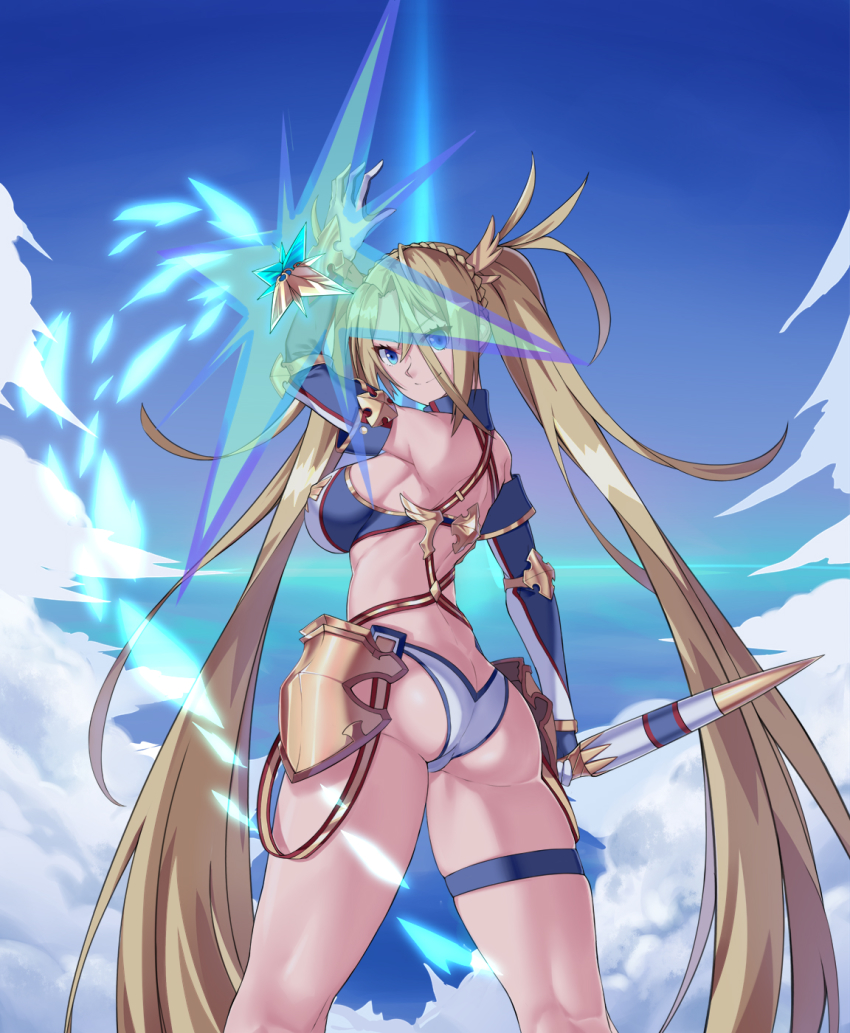 1girl arm_up armor ass back bare_shoulders bikini blonde_hair blue_bikini blue_eyes blue_sky bradamante_(fate) bradamante_(third_ascension)_(fate) braid breasts butt_crack closed_mouth crown_braid elbow_gloves energy_barrier energy_shield fate/grand_order fate_(series) faulds female_focus gloves hair_between_eyes hair_ornament highres large_breasts long_hair looking_at_viewer looking_back mrnn multicolored_bikini scepter shield sky smile solo swimsuit thigh_strap thighs twintails two-tone_bikini very_long_hair white_bikini