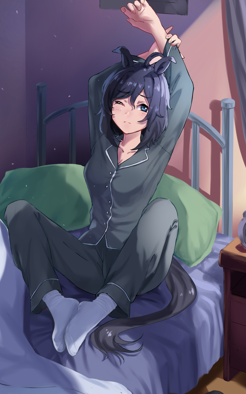 1girl absurdres alternate_costume animal_ears arms_up bed bed_frame black_hair black_pajamas blanket breasts cleavage commentary_request eishin_flash_(umamusume) evefly_megane_p feet hair_between_eyes highres horse_ears horse_girl horse_tail indoors medium_breasts messy_hair on_bed one_eye_closed pajamas short_hair socks soles_together solo tail umamusume waking_up white_socks