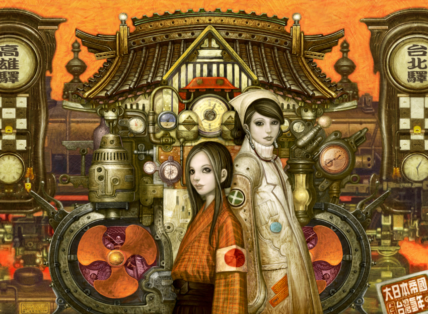 armband badge black_eyes clock clockwork hat helix japanese_flag kcn lips long_hair looking_at_viewer machinery multicolored_hair nurse nurse_cap pale_skin steampunk stethoscope turtleneck two-tone_hair