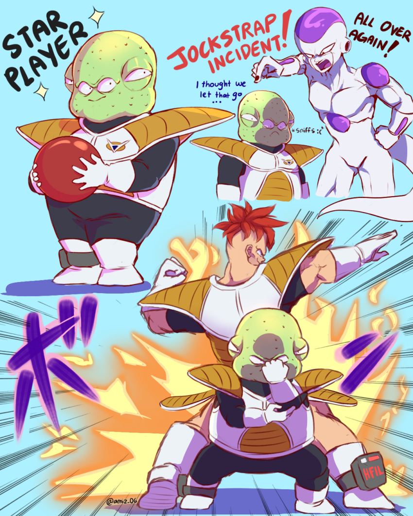 3boys amiz06 arm_up armor artist_name back-to-back bald biceps black_bodysuit blue_background bodysuit boots breastplate clenched_hand closed_mouth colored_skin colored_tongue commentary dragon_ball dragon_ball_(object) dragonball_z emphasis_lines english_commentary english_text extra_eyes fighting_stance final_form_frieza fire frieza frown green_skin guldo hand_on_own_hip hand_up highres holding long_sleeves looking_at_another looking_at_viewer male_focus multiple_boys multiple_views muscular muscular_male open_mouth purple_tongue recoome red_hair saiyan_armor short_hair short_sleeves simple_background smile spiked_hair standing tearing_up tears teeth twitter_username upper_teeth_only v-shaped_eyebrows white_footwear white_skin