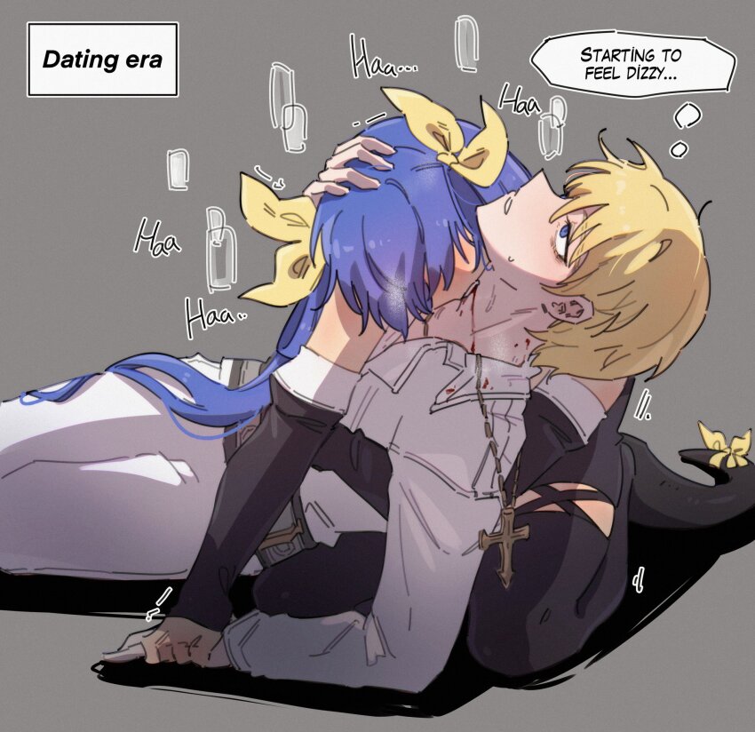 1boy 1girl bite_mark bite_mark_on_neck biting blood blood_on_neck blood_sucking blue_hair blush commentary dizzy_(guilty_gear) english_commentary english_text guilty_gear guilty_gear_xrd hand_on_another&#039;s_head highres holding_hands ky_gwangin ky_kiske looking_up neck_biting ribbon unbuttoned unbuttoned_shirt yellow_ribbon