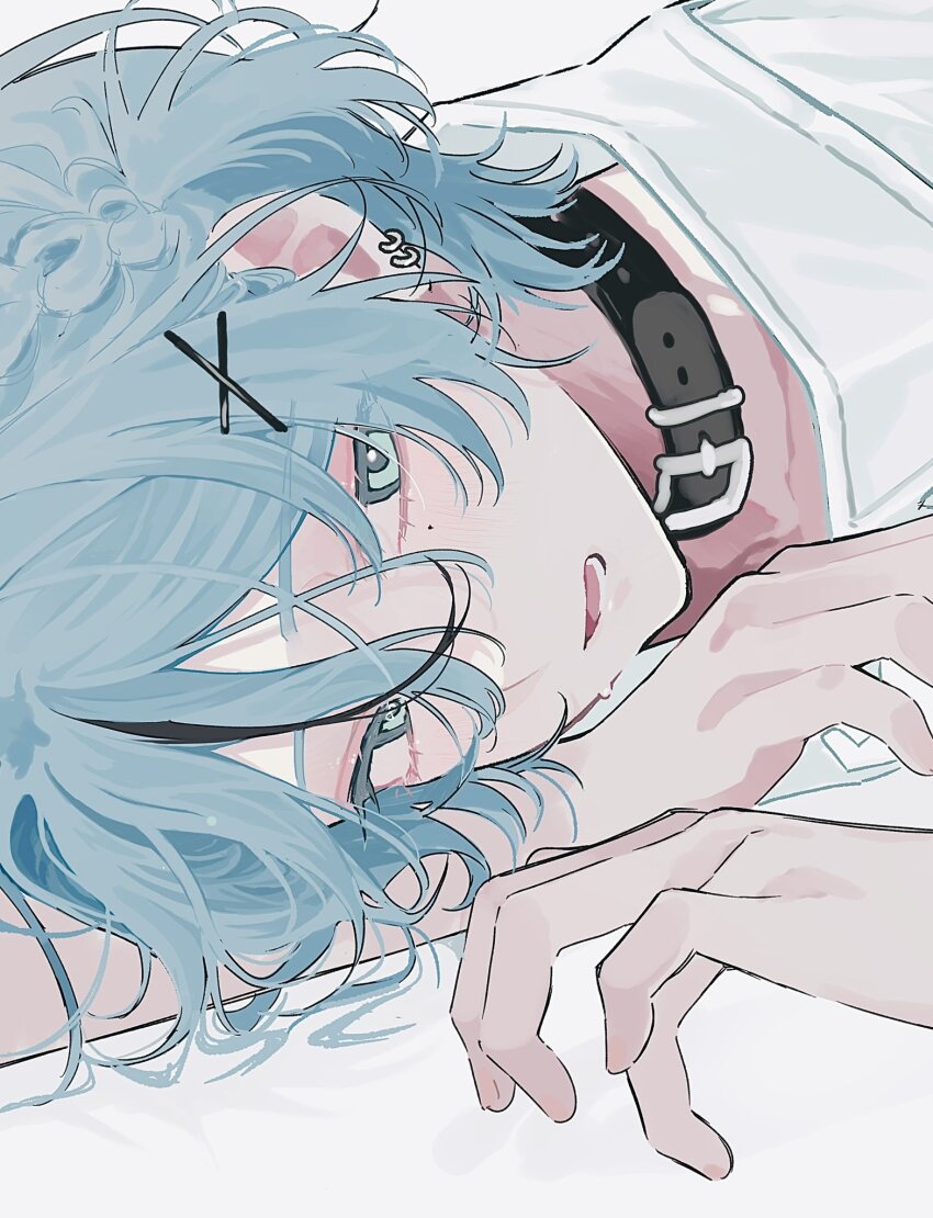 1boy bishounen black_collar black_hair blue_eyes blue_hair collar ear_piercing earrings hair_ornament hairclip highres jewelry looking_at_viewer lying male_focus mole mole_under_eye multicolored_hair on_side open_mouth original piercing shirt short_hair simple_background solo tofu_momen5 white_background white_shirt x_hair_ornament