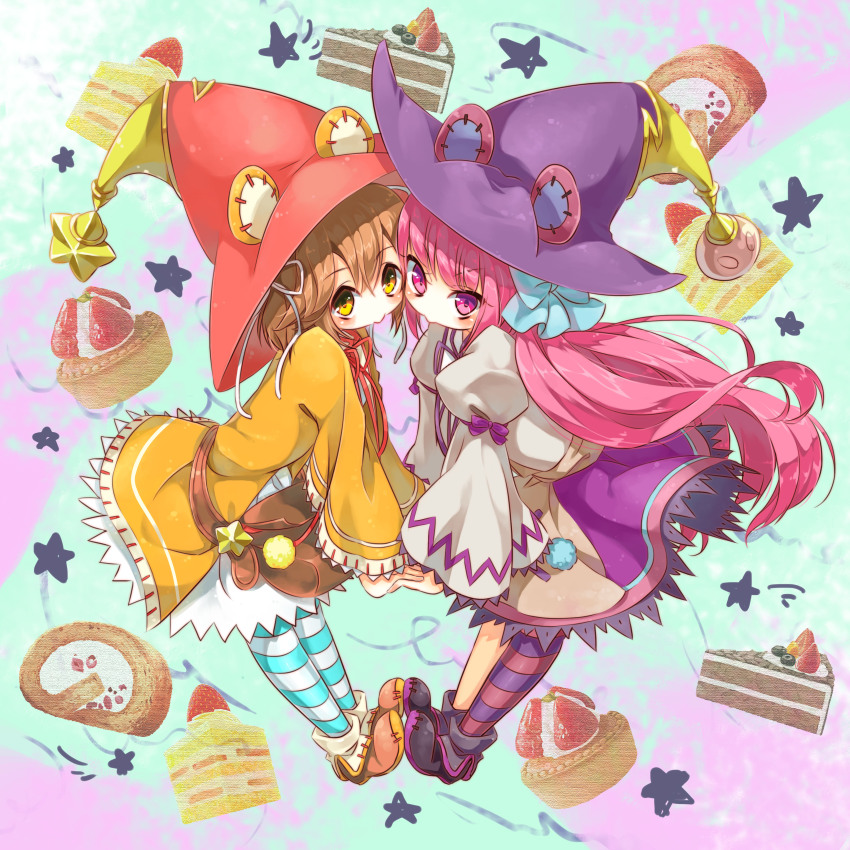 2girls absurdres bear_girl blue_thighhighs brown_hair dress dumpty_alma emil_chronicle_online food hair_ribbon hat highres multiple_girls purple_eyes purple_hair purple_hat purple_thighhighs puzzle_&amp;_dragons red_hat ribbon shelty_(childcatshiorin) striped_clothes striped_thighhighs sweets thighhighs tiny_alma yellow_eyes