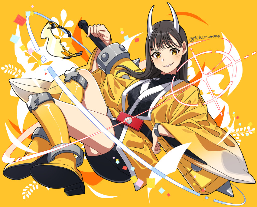 1010_mumumu 1girl adapted_costume avataro_sentai_donbrothers belt black_hair black_kimono boots club club_(weapon) haori highres horns japanese_clothes kanabou kimono kito_haruka oni_sister smile sunglasses super_sentai unworn_eyewear weapon wide_sleeves yellow_background yellow_eyes