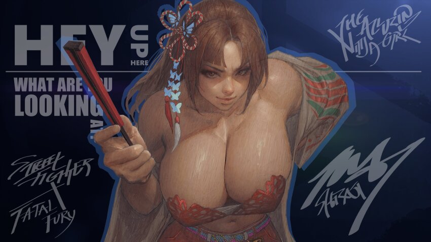 absurdres breasts butterfly_hair_ornament english_text fatal_fury folded_fan folding_fan hair_ornament hand_fan haori highres holding holding_fan huge_breasts ickpot japanese_clothes looking_at_viewer off_shoulder official_alternate_costume pants red_bustier red_pants shiranui_mai smile street_fighter street_fighter_6