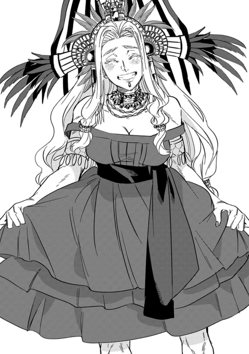 1girl blush closed_eyes commentary_request dress fate/grand_order fate_(series) grin highres iz_(izit_unk) long_hair mexican_clothes mexican_dress off-shoulder_dress off_shoulder quetzalcoatl_(fate) smile solo