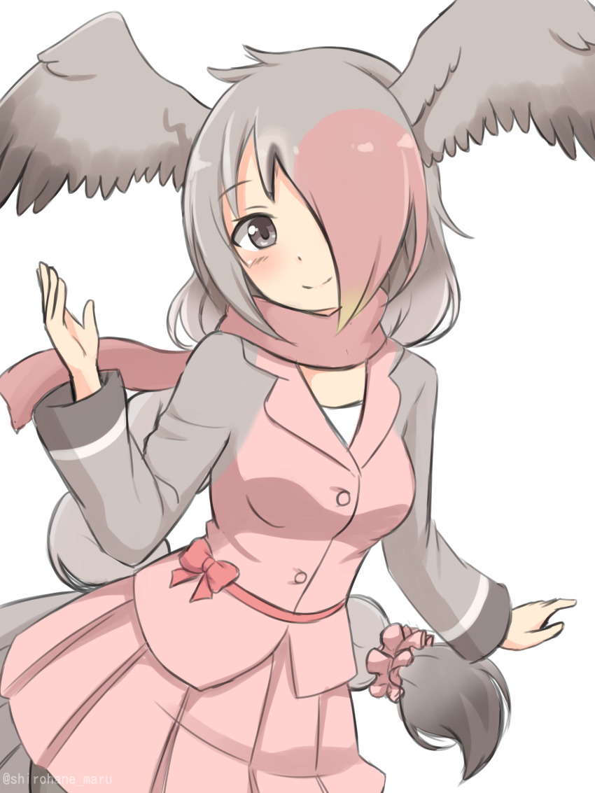 1girl absurdres breasts commentary_request grey_eyes grey_hair hair_over_one_eye head_wings highres kemono_friends long_hair long_sleeves looking_at_viewer low-tied_long_hair medium_breasts pink-backed_pelican_(kemono_friends) pink_hair pink_scarf pink_skirt pleated_skirt scarf shiraha_maru simple_background skirt smile solo very_long_hair white_background wings