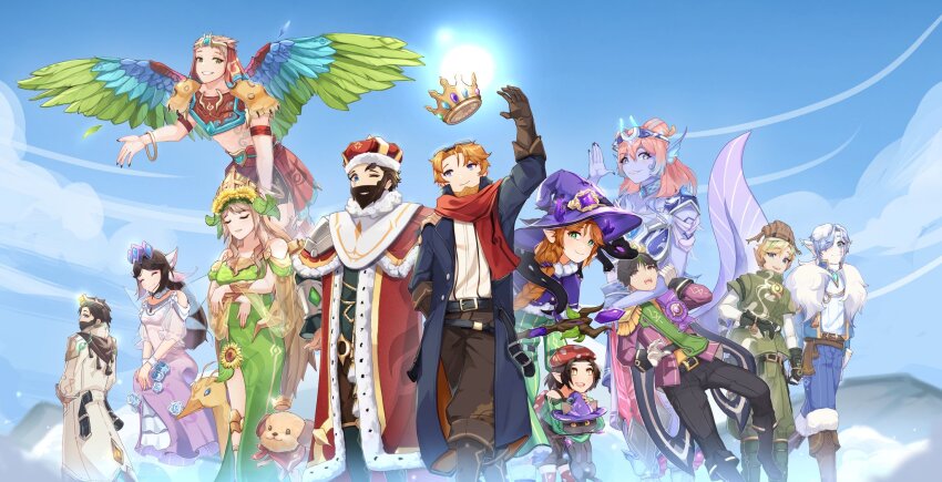 5girls 6+boys animal animal_ears animification beard bird_wings black_cat blonde_hair blue_hair blue_sky braid brother_and_sister brown_hair cape cat cat_ears cat_girl colored_skin commentary double_bun dress empires_smp english_commentary everyone facial_hair fantasy fins fish_girl floating_crown fur-trimmed_cape fur_trim fwhip fwhip_(count) geminitay geminitay_(wizard) green_dress hair_bun hat head_fins highres holding holding_animal holding_cat joey_graceffa joey_graceffa_(jungle_emperor) katherine_elizabeth katherine_elizabeth_(house_blossom) king ldshadowlady ldshadowlady_(ocean_queen) long_hair minecraft_youtube monster_girl multiple_boys multiple_girls mythicalsausage mythicalsausage_(lord) orange_hair outdoors pearlescentmoon pearlescentmoon_(farmer) pink_hair pixlriffs pixlriffs_(copper_king) pointy_ears purple_skin red_scarf saikomakesart scarf short_hair shrub_berry shubble siblings single_braid sky smajor1995 smajor1995_(rivendell) smallishbeans smallishbeans_(mezalea) solidaritygaming solidaritygaming_(codfather) staff tail twins wings witch_hat