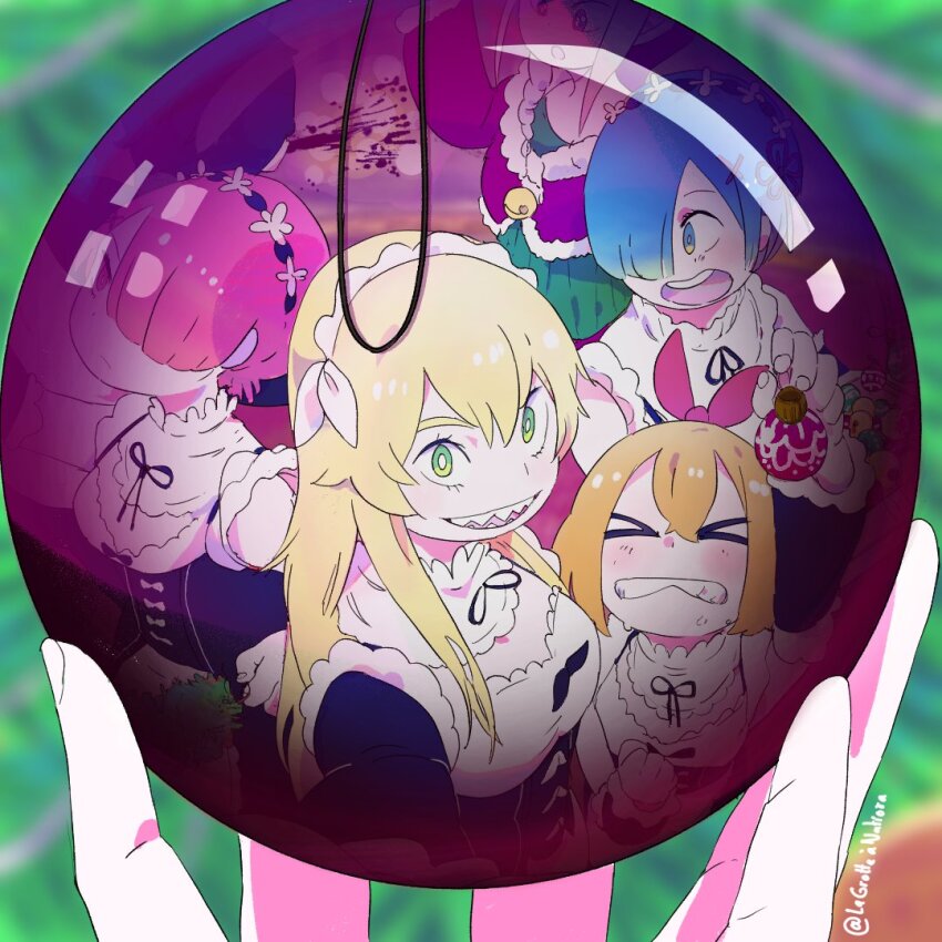 1boy 5girls apron beatrice_(re:zero) black_hair blonde_hair blue_eyes blue_hair christmas christmas_ornaments frederica_baumann green_eyes hair_between_eyes hair_ornament hair_over_one_eye hair_ribbon maid maid_apron maid_headdress multiple_girls natiora natsuki_subaru orange_hair petra_leyte pink_hair ram_(re:zero) re:zero_kara_hajimeru_isekai_seikatsu red_eyes reflection rem_(re:zero) ribbon roswaal_mansion_maid_uniform siblings sisters