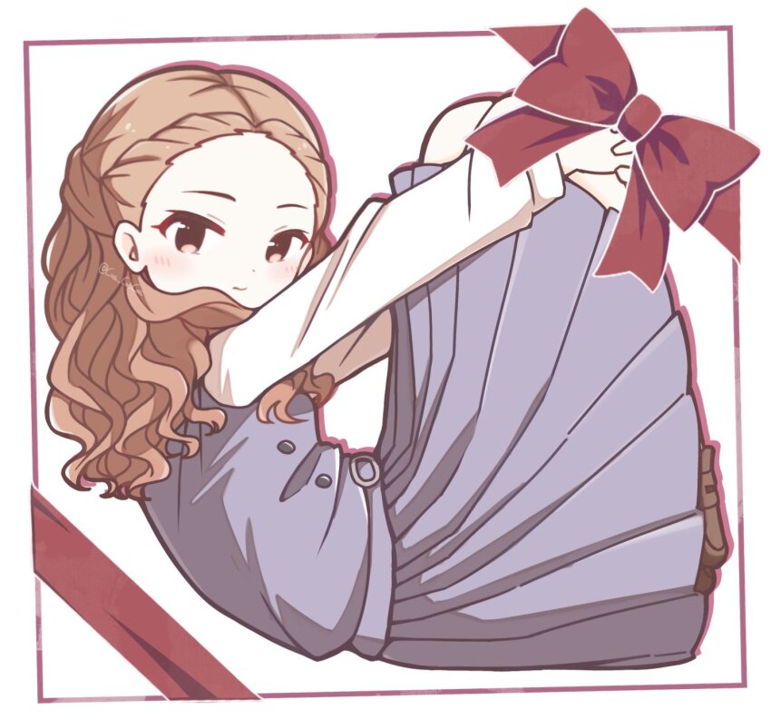 1girl belt belt_buckle blue_dress bow breasts brown_eyes brown_hair buckle buttons closed_mouth coa_co_coa dot_nose dress eyelashes forehead from_side highres hugging_own_legs idolmaster idolmaster_cinderella_girls idolmaster_cinderella_girls_starlight_stage large_forehead light_blush long_hair looking_at_viewer looking_to_the_side pinafore_dress pleated_skirt red_bow school_uniform seki_hiromi simple_background skirt sleeveless sleeveless_dress small_breasts solo twitter_username wavy_hair white_background