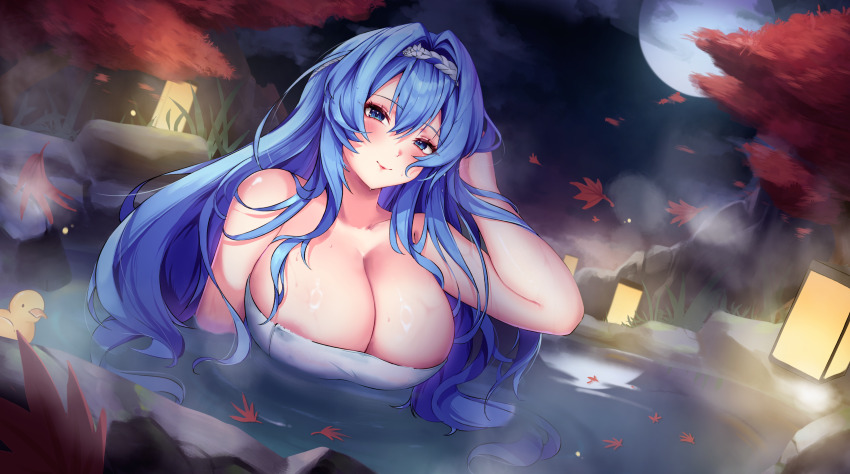 1girl absurdres areola_slip autumn_leaves bare_shoulders blue_eyes blue_hair blush breasts chu.n cleavage commentary_request full_moon goddess_of_victory:_nikke hair_between_eyes hairband hand_in_own_hair helm_(nikke) highres lantern large_breasts leaf lips long_hair looking_at_viewer moon night night_sky onsen partially_submerged rubber_duck sidelocks sky smile solo wet