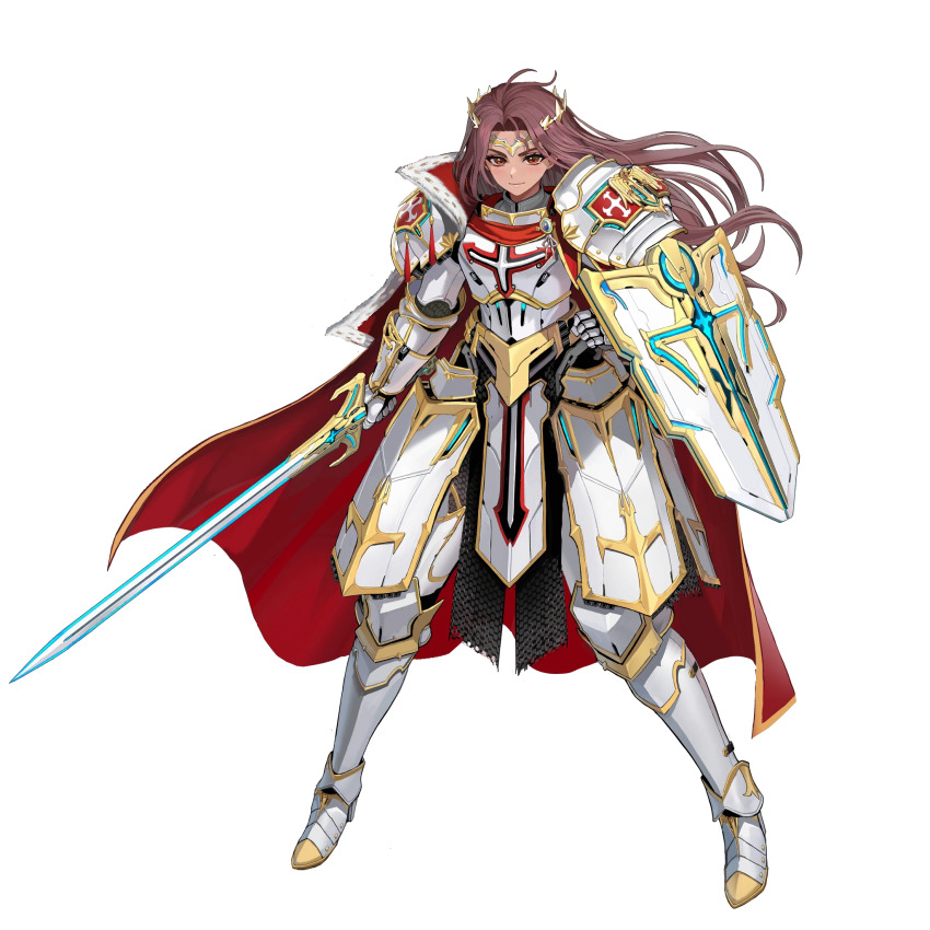 1girl ahoge arm_shield armor armored_boots blue_gemstone boots breastplate cape circlet couter cross cuirass cuisses dark-skinned_female dark_skin ear_piercing faulds full_body game_cg gauntlets gem gold_trim gorget greaves highres holding holding_sword holding_weapon knight last_origin light_smile lips long_hair looking_at_viewer machinery official_alternate_costume official_art pauldrons pelvic_curtain piercing poleyn prester_johanna red_cape red_eyes red_hair rerebrace sabaton shield shoulder_armor solo sword tabard tachi-e taesi third-party_source transparent_background vambraces very_long_hair weapon white_armor