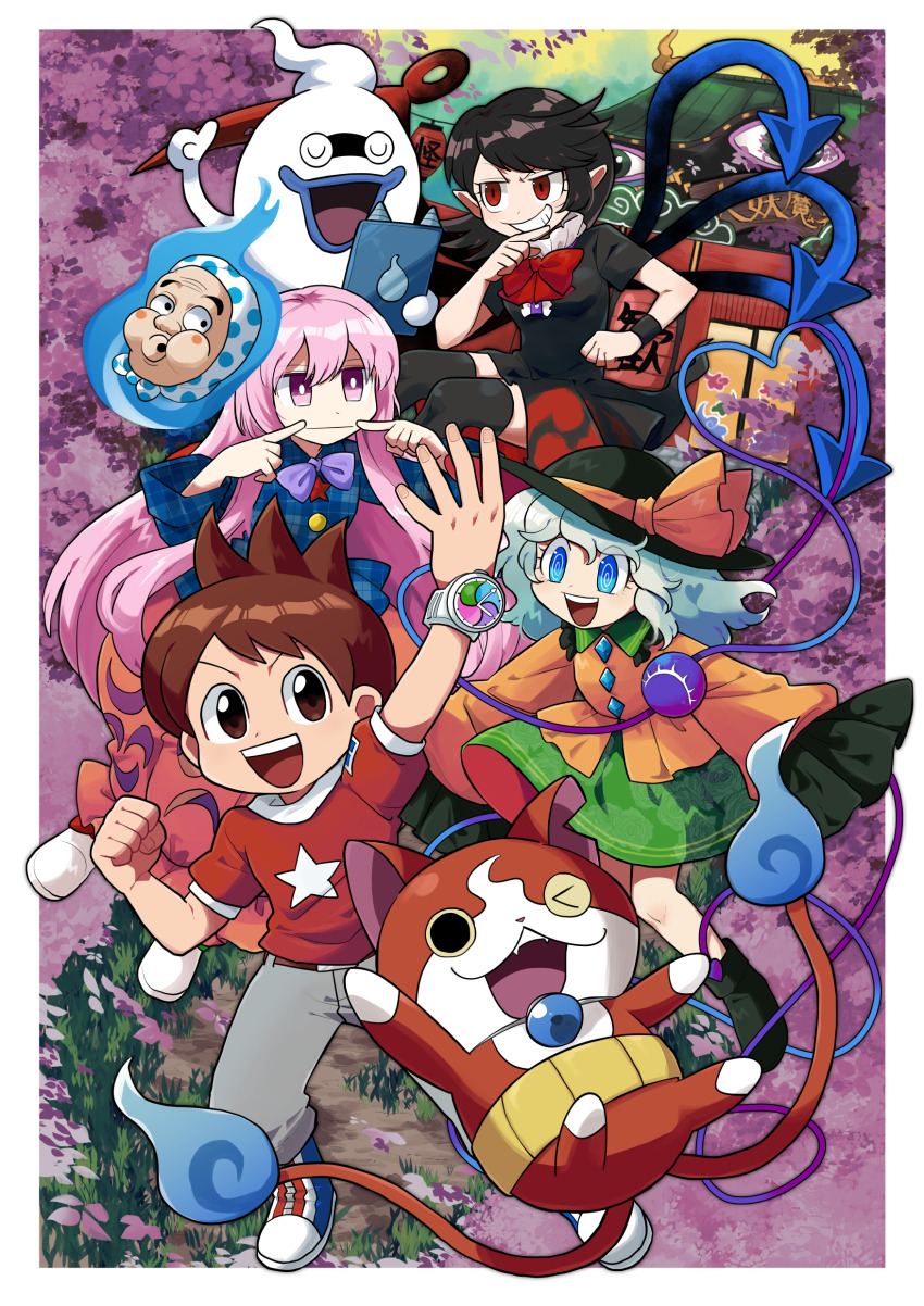 1boy 3girls absurdres amano_keita aqua_eyes aqua_hair black_hair cat commission furukawa_(yomawari) ghoul hat hat_ribbon hata_no_kokoro highres houjuu_nue jibanyan komeiji_koishi looking_at_viewer mask multiple_girls pink_eyes pink_hair pixiv_commission pointy_ears red_eyes red_shirt ribbon shirt smile third_eye touhou whisper_(ragnarok_online) whisper_(youkai_watch) yellow_shirt youkai_watch