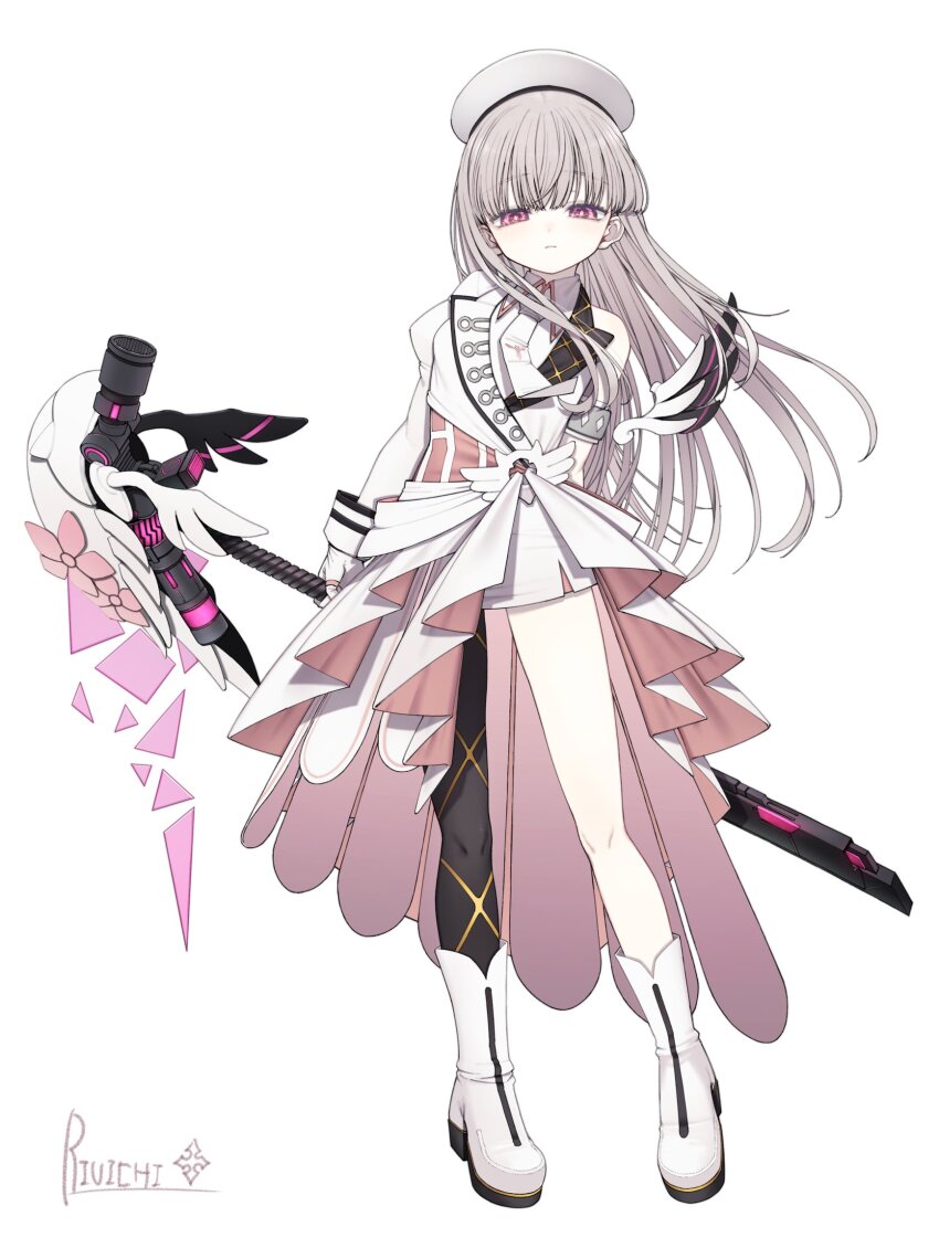 1girl announcement_celebration arisaka_aruka dress full_body highres holding holding_behind_back holding_weapon jacket leaning_to_the_side looking_at_viewer looking_down necktie official_art purple_eyes riuichi second-party_source signature simple_background staff varlet weapon white_background white_hair