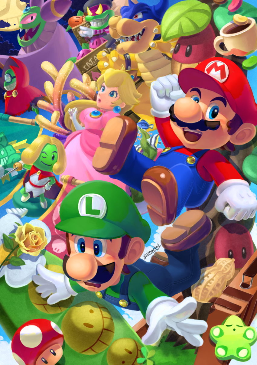 2girls absurdres bean_star blonde_hair blue_eyes blue_overalls bowser brothers brown_hair newsboy_cap cackletta cape character_request closed_eyes colored_skin crown cup disposable_cup dress earrings elbow_gloves facial_hair fawful fish flower gloves green_headwear green_skin green_sweater hand_on_own_hip hat highres jewelry koopa luigi mario mario_&amp;_luigi:_superstar_saga mario_&amp;_luigi_rpg mario_(series) monster multiple_girls mushroom mustache nintendo one_eye_closed open_mouth overalls peanut pink_dress popple prince_peasley princess_peach red_cape red_eyes red_headwear red_sweater rose sharp_teeth short_hair siblings smile super_mushroom sweater sword teacup teeth weapon white_gloves wink yelow_rose yuuma_rimi