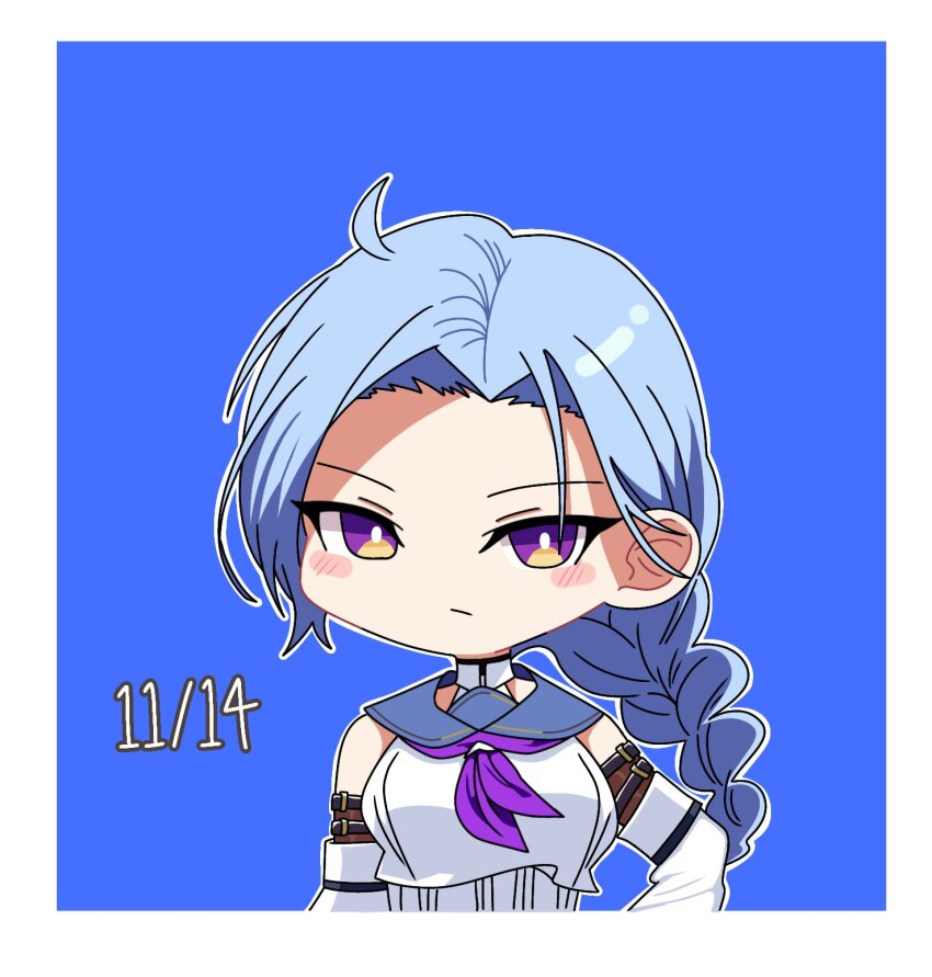 1girl :/ ahoge arm_at_side arm_belt assault_lily belt black_belt blue_background blue_hair blue_sailor_collar blush border braid braided_ponytail breasts bright_pupils chibi closed_mouth commentary crop_top detached_sleeves hand_on_own_hip highres igusa_subaru layered_sleeves long_hair long_sleeves looking_at_viewer low_ponytail medium_breasts neckerchief odaiba_girls_high_school_uniform parted_bangs ponytail purple_eyes purple_neckerchief sailor_collar school_uniform serafuku shirt simple_background single_braid sleeveless sleeveless_shirt solo undershirt upper_body v-shaped_eyebrows white_border white_pupils white_shirt yui_(yui1115_)