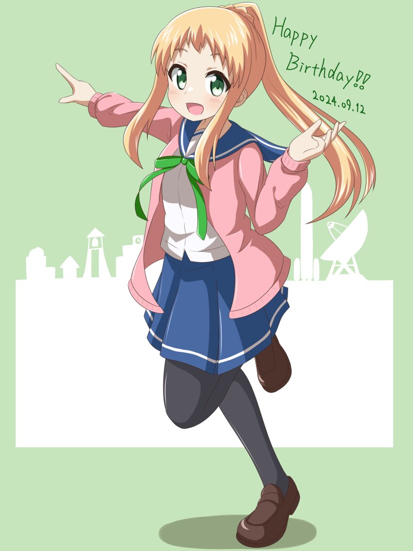 ! !! 1girl 2024 absurdres birthday black_pantyhose blonde_hair blue_sailor_collar blush dated dot_nose english_text female_focus full_body green_background green_eyes happy_birthday highres inose_mai koisuru_asteroid long_hair long_sleeves looking_at_viewer nanog_eb1994 open_clothes open_mouth open_sweater pantyhose pink_sweater pointing ponytail rocket sailor_collar satellite_dish shirt shoes simple_background solo standing standing_on_one_leg sweater