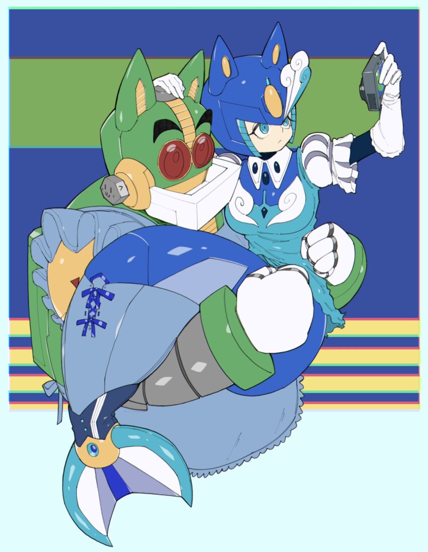 1boy 1girl animal_ears auto_(mega_man) blue_eyes camera carrying cat_boy cat_ears cat_girl commentary hand_on_another&#039;s_head highres holding holding_camera mega_man_(classic) mega_man_(series) mermaid monster_girl red_eyes robot splash_woman symbol-only_commentary taking_picture tonpukuman