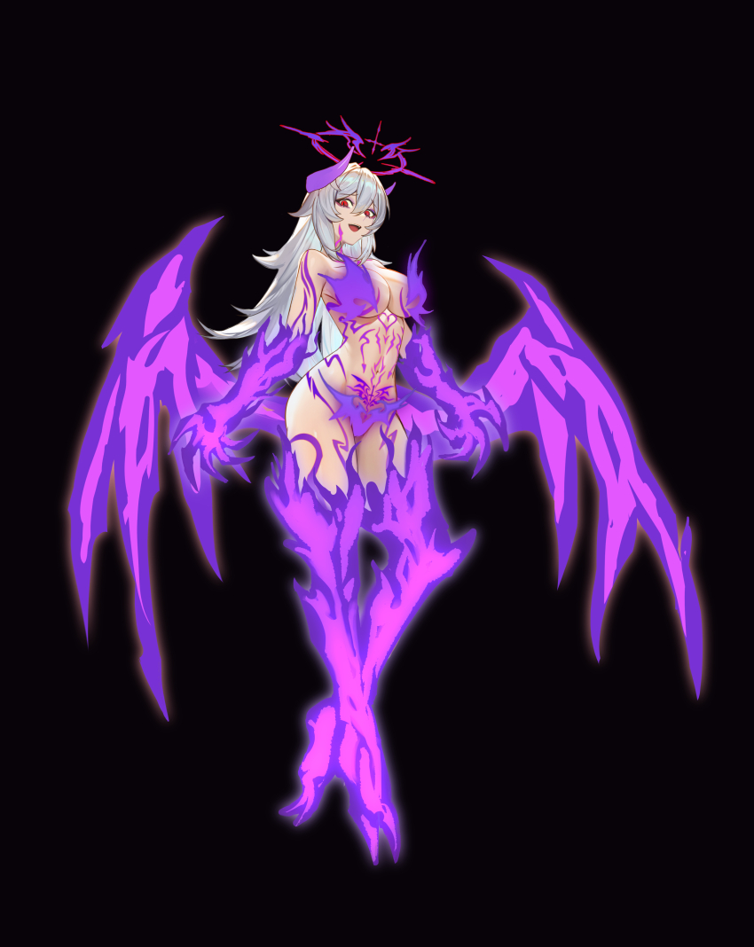 1girl absurdres black_background breasts corruption demon_girl demon_horns demon_wings fire_censor flaming_arm flaming_leg full-body_tattoo full_body grey_hair halo highres horns large_breasts long_hair looking_at_viewer low_wings nude original pubic_tattoo red_eyes shen_hai_ichigo slit_pupils solo tattoo variant_set wings
