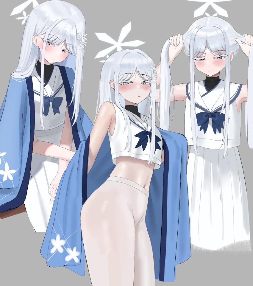 1girl absurdres bare_arms bare_shoulders blue_archive blue_haori blush closed_mouth flower hair_flower hair_ornament haori highres holding holding_own_hair hum455 japanese_clothes long_hair looking_at_viewer nagusa_(blue_archive) navel open_mouth pantyhose parted_bangs shirt sidelocks skirt sleeveless sleeveless_shirt solo twintails white_eyes white_flower white_hair white_pantyhose white_shirt white_skirt