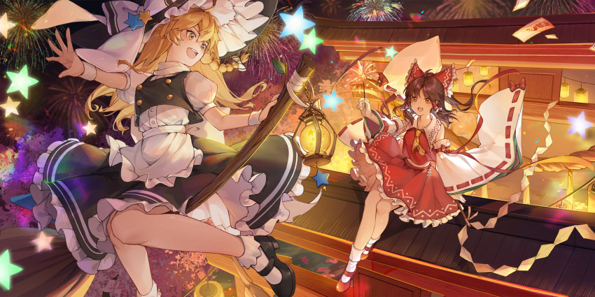 2girls aerial_fireworks apron ascot black_hat black_shoes black_vest blonde_hair bobby_socks bow braid broom broom_riding brown_eyes brown_hair commentary detached_sleeves english_commentary fireworks frilled_bow frilled_hair_tubes frilled_skirt frills game_cg gohei hair_bow hair_tubes hakurei_reimu hat hat_bow hat_ornament highres holding holding_fireworks holding_gohei kirisame_marisa kotatsu_kaya lantern long_hair mary_janes multiple_girls official_art ofuda open_mouth outdoors puffy_short_sleeves puffy_sleeves red_bow red_shoes red_skirt ribbon-trimmed_sleeves ribbon_trim shoes short_sleeves side_braid single_braid skirt skirt_set smile socks sparkler star_(symbol) star_hat_ornament third-party_source touhou touhou_lostword vest white_bow white_socks witch_hat yellow_ascot yellow_eyes yin_yang yin_yang_print