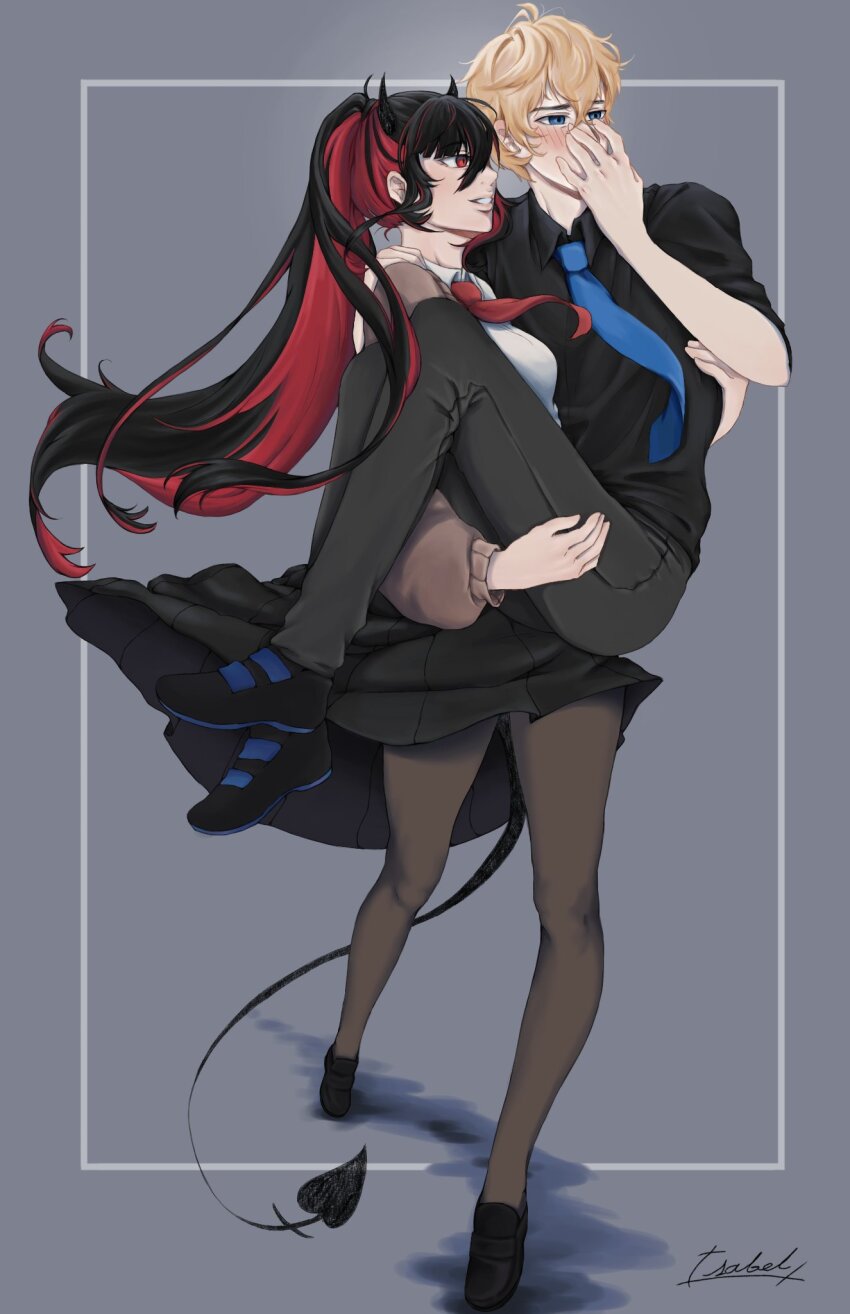 1boy 1girl 1sabe1x arm_over_shoulder arm_up black_dress black_hair black_leggings black_shirt blonde_hair blue_eyes blue_necktie blush border breasts brown_sleeves carrying chase_(i&#039;m_the_grim_reaper) collared_shirt covering_own_mouth demon_horns demon_tail double-parted_bangs dress full_body grin hair_between_eyes hair_flowing_over hand_on_another&#039;s_chest hand_on_another&#039;s_leg hand_on_another&#039;s_shoulder high_ponytail highres horns i&#039;m_the_grim_reaper knees_up leggings multicolored_hair necktie official_alternate_costume outside_border pantyhose ponytail princess_carry red_eyes red_necktie red_streaks scarlet_(i&#039;m_the_grim_reaper) shadow shirt smile streaked_hair tail walking white_border white_shirt