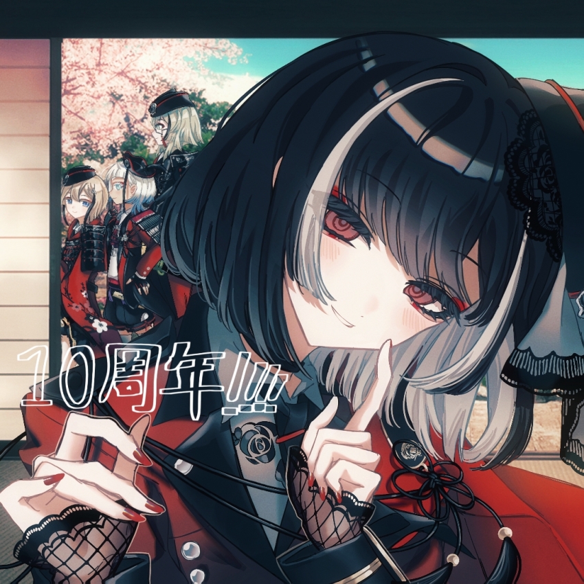 1boy black_hair black_hat blush bob_cut collared_shirt grey_shirt hankaku_sato hat head_tilt index_finger_raised jacket kyogoku_masamune long_sleeves looking_at_viewer multicolored_hair nail_polish parted_lips red_jacket red_nails shirt smile streaked_hair tilted_headwear touken_ranbu trap white_hair