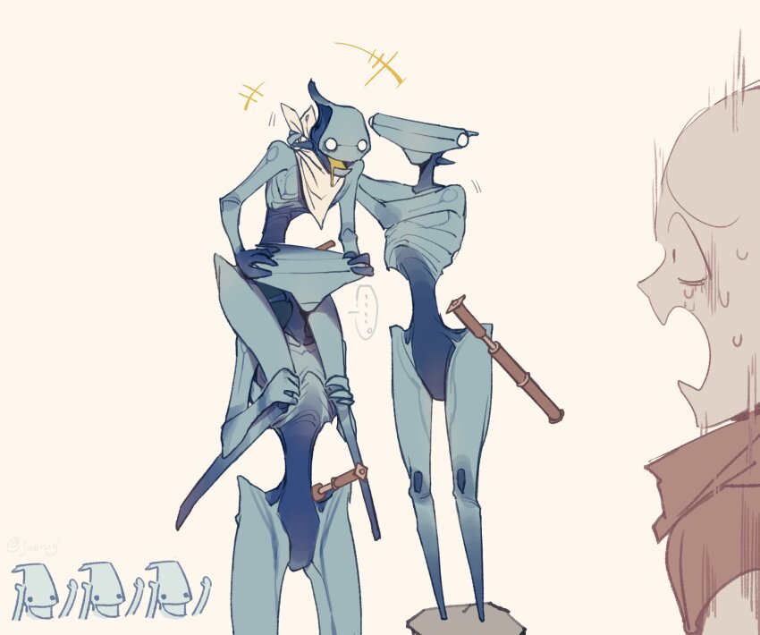 +++ ... :d arthropod_boy brown_background carrying crying crying_with_eyes_open drooling handkerchief highres hiver_(kenshi) juerucj kenshi mouth_drool narrow_waist open_mouth piggyback ritual_baton smile spoken_ellipsis tears twitter_username wide_hips