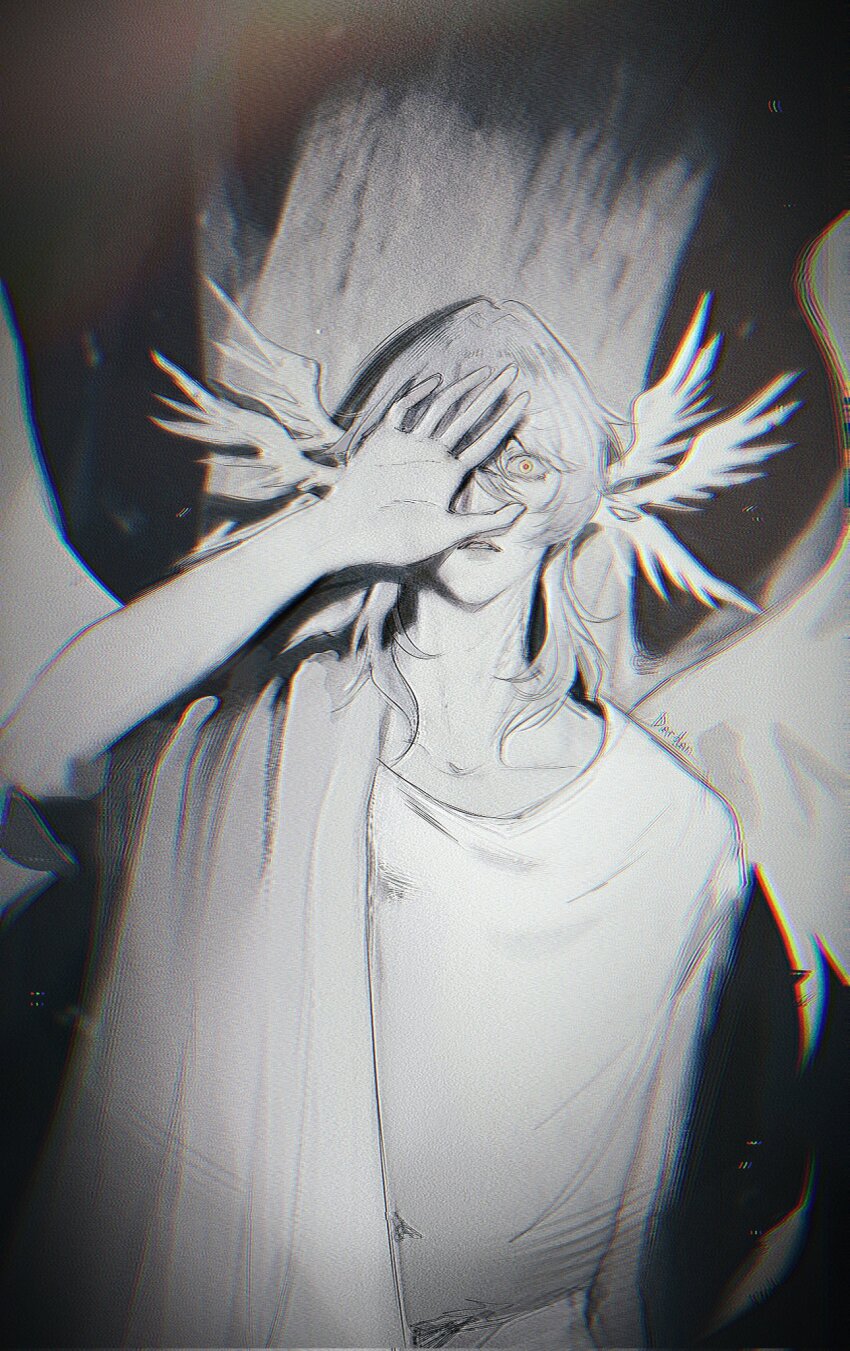 1boy angel_wings artist_name chromatic_aberration commentary covering_one_eye dardan_21 english_commentary feathered_wings greyscale hair_between_eyes head_wings highres honkai:_star_rail honkai_(series) male_focus medium_hair monochrome multiple_wings parted_lips robe solo spotlight sunday_(honkai:_star_rail) wide-eyed wings wolf_cut yellow_eyes
