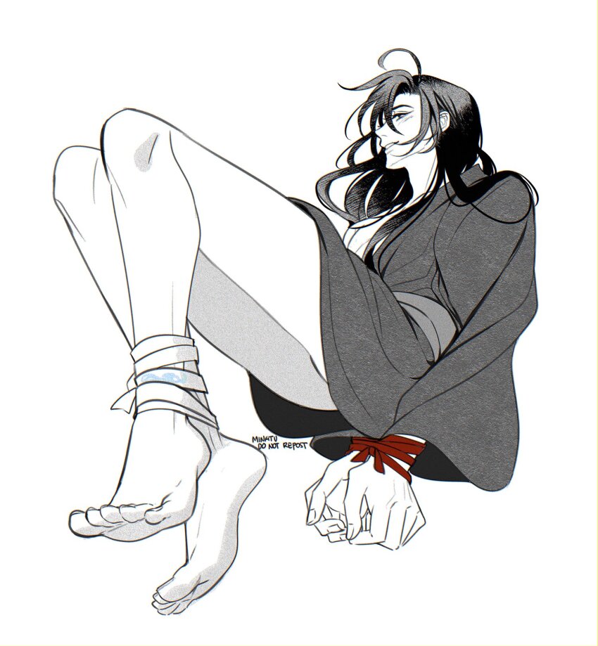 1boy ahoge alternate_hairstyle arms_behind_back artist_name bare_legs barefoot bdsm black_hair black_hanfu bondage bound bound_ankles bound_arms bound_wrists chinese_clothes commentary english_commentary feet foot_focus full_body greyscale hair_down hanfu highres implied_yaoi legs long_hair long_sleeves looking_at_viewer male_focus minataka94 modao_zushi monochrome off_shoulder open_clothes open_robe parted_lips partially_undressed profile red_ribbon restrained ribbon ribbon_bondage robe sash simple_background single_bare_shoulder smile soles solo spot_color toes wei_wuxian white_background white_ribbon wide_sleeves
