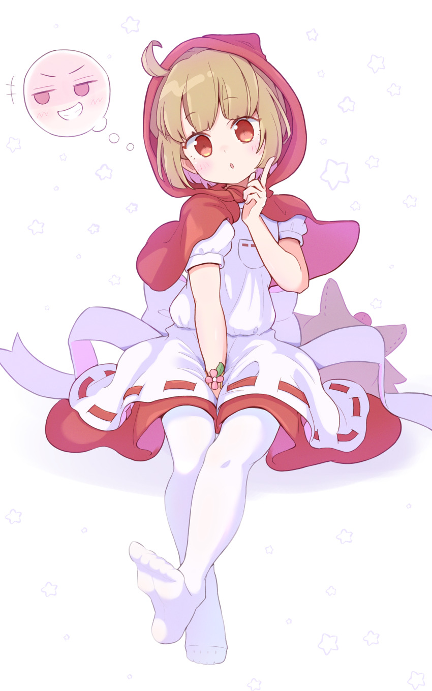 1girl absurdres ahoge animal_ear_hood between_legs blush breast_pocket brown_hair cloak dress_ribbon fake_animal_ears grin hand_between_legs hand_on_own_face highres hood hooded_cloak image_in_thought_bubble jazz_grace multiple_expressions official_alternate_costume open_mouth pantyhose pocket puyopuyo rebecca_(puyopuyo_quest) red_eyes red_hood ribbon short_hair sitting smile solo speech_bubble star_(symbol) thought_bubble unworn_headwear white_pantyhose white_ribbon