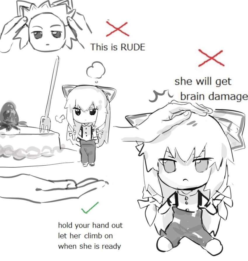1girl :&lt; bow cake closed_mouth collared_shirt food fork frown fruit fujiwara_no_mokou fumo_(doll) hair_bow highres jitome long_hair long_sleeves mini_person minigirl nontraditional_miko sesmkun shirt strawberry suspenders touhou very_long_hair