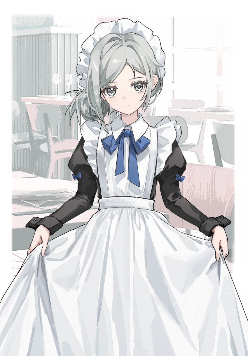 1girl absurdres alternate_costume apron apron_lift blue_bow blue_bowtie border bow bowtie closed_mouth clothes_lift enmaided expressionless frilled_headwear grey_eyes grey_hair hair_bun highres juliet_sleeves long_sleeves looking_at_viewer maid maid_headdress outside_border puffy_sleeves reverse:1999 solo vertin_(reverse:1999) white_apron white_border white_headdress yukiri_(l_ii)