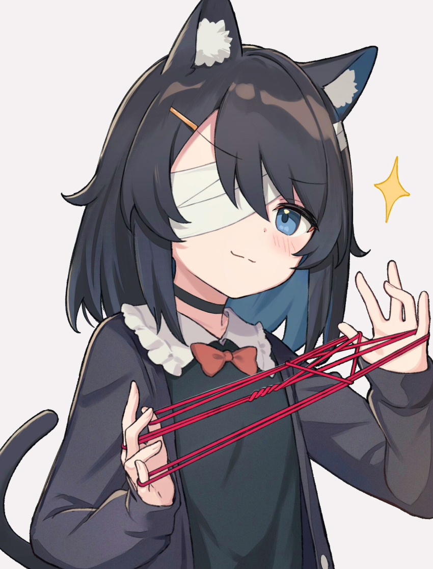 1girl animal_ears bandage_over_one_eye bandaged_head bandages black_choker black_hair black_shirt black_sweater_vest black_vest blue_eyes blush bow bowtie cat&#039;s_cradle cat_ears cat_girl cat_tail choker collar hair_ornament hairclip head_tilt highres jacket kurobane_eve_(satou_(3366_s)) looking_at_viewer original red_bow red_bowtie red_yarn satou_(3366_s) shirt short_hair simple_background smug sparkle string sweater_jacket sweater_vest tail vest white_collar wrapped
