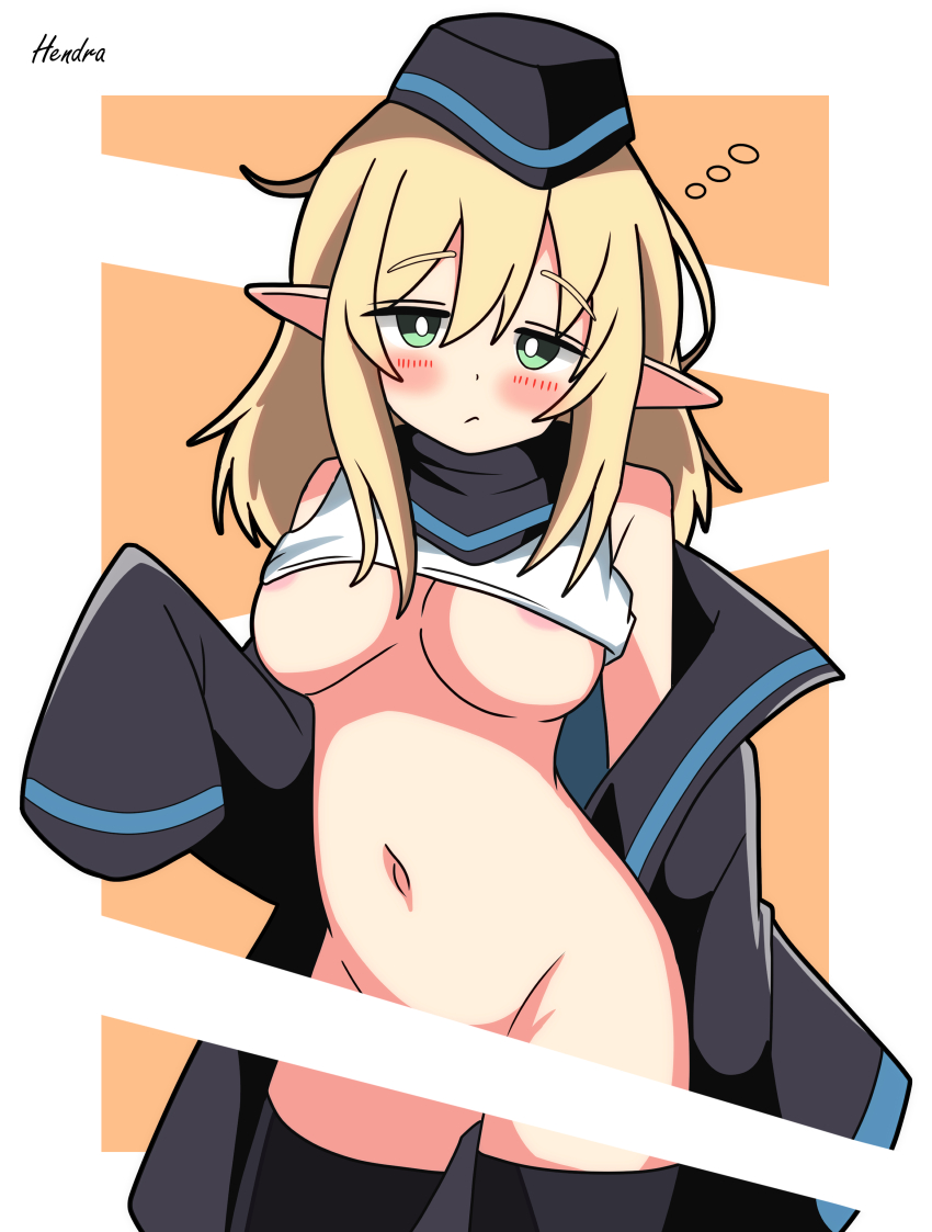 1girl absurdres alternate_breast_size areola_slip arknights artist_name black_hat black_jacket black_thighhighs blonde_hair blush border bottomless breasts bright_pupils closed_mouth clothes_lift commentary_request cowboy_shot durin_(arknights) green_eyes hat hendra highres jacket large_breasts light_censor long_sleeves looking_at_viewer navel orange_background outside_border pointy_ears shirt_lift simple_background sleeves_past_fingers sleeves_past_wrists solo thighhighs white_border white_pupils