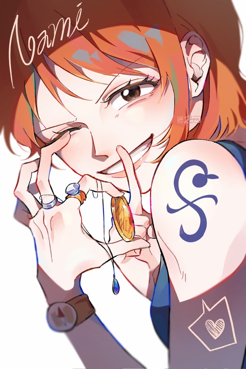 1girl bare_shoulders blue_shirt bracelet brown_eyes character_name coin commentary_request eyelashes finger_to_mouth from_side gold_coin grin hair_behind_ear heart highres holding holding_coin holding_jewelry holding_necklace index_finger_raised jewelry jiigree korean_commentary log_pose looking_at_viewer looking_to_the_side multiple_rings nami_(one_piece) necklace one_eye_closed one_piece orange_hair parted_lips ring shirt short_hair shoulder_tattoo shushing single_sidelock sleeveless sleeveless_shirt smile solo spoken_heart tattoo twitter_username upper_body white_background