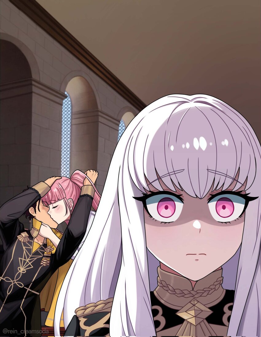1boy 2girls claude_von_riegan dark-skinned_male dark_skin fire_emblem fire_emblem:_three_houses garreg_mach_monastery_uniform highres hilda_valentine_goneril kiss long_hair lysithea_von_ordelia meme multiple_girls nintendo pink_eyes pink_hair rein_creamsoda shaded_face white_hair
