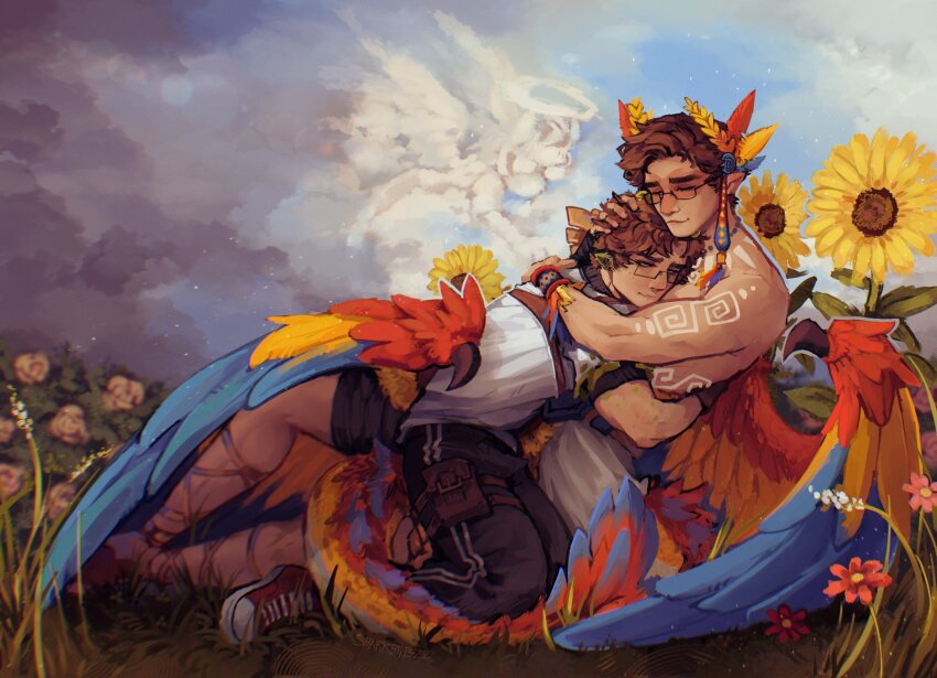 1girl 2boys alternate_costume angel black_pants brown_hair cloud commentary couple dinosaur_boy dinosaur_tail elmariana english_commentary feathered_wings flower grass halo headwear_request highres hug implied_death juanaflippa male_focus minecraft_youtube multiple_boys outdoors painterly pants pointy_ears quackity_smp sharkbiitezz shirt short_hair sky slimecicle sunflower tail topless_male tribal white_shirt wings yaoi
