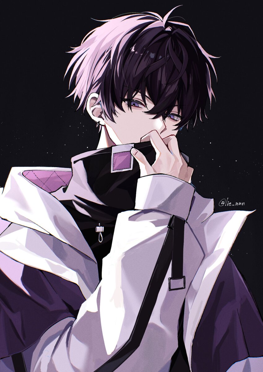 1boy arm_up black_hair black_shirt commentary covered_mouth crossed_bangs fingernails hashtag-only_commentary highres hood hooded_jacket jacket lie_nnn long_sleeves looking_to_the_side male_focus nijisanji open_clothes open_jacket purple_eyes saiki_ittetsu saiki_ittetsu_(1st_costume) shirt sideways_glance sleeves_past_wrists solo twitter_username upper_body virtual_youtuber