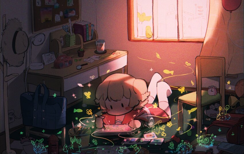 1girl aino_mito alarm_clock backpack bag ball balloon blush_stickers brown_hair bug bulletin_board butterfly chair clock creature cup curtains desk drawing electrical_outlet feet_up fish flower_pot hat heart holding holding_pen indoors insect kamihama_university_affiliated_school_uniform kashi_neko lamp layered_sleeves letter loaded_interior long_sleeves lying magia_record:_mahou_shoujo_madoka_magica_gaiden mahou_shoujo_madoka_magica messy messy_room miniskirt no_mouth no_shoes on_floor on_stomach paint pen plant potted_plant red_sailor_collar red_skirt sailor_collar sailor_shirt school_uniform scissors serafuku shirt short_hair short_over_long_sleeves short_sleeves skirt socks solid_oval_eyes solo sparkle straw_hat toy trophy two_side_up white_shirt white_socks window
