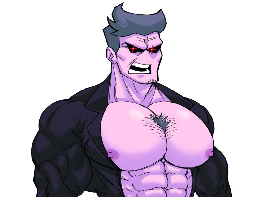 1boy abs bara black_eyes chest_hair colored_skin daddy_dearest dokeshin facial_hair feet_out_of_frame friday_night_funkin&#039; glowing glowing_eyes grey_background grey_hair highres large_pectorals looking_at_viewer male_focus manly mature_male muscular muscular_arms muscular_male nipples open_clothes open_mouth open_shirt pectorals purple_skin shirt simple_background solo stubble teeth tight_clothes upper_body