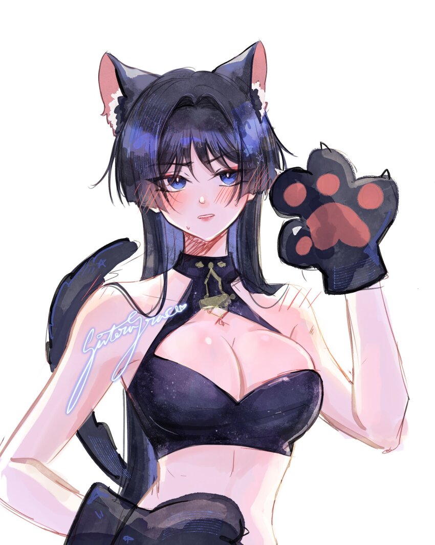 1girl alternate_costume animal_ear_fluff animal_ears animal_hands artist_name bare_shoulders black_collar black_hair black_shirt blue_eyes blunt_ends blush breasts bright_pupils brooch cat_ears cat_paws cat_tail cleavage cleavage_cutout clothing_cutout collar colored_inner_hair crop_top cropped_shirt genderswap genderswap_(mtf) genshin_impact hair_blush hair_intakes hair_over_shoulder hand_up highres jewelry long_hair midriff multicolored_hair parted_lips purple_hair scaramouche_(genshin_impact) shirt shoulder_blush sideways_glance signature skin_tight sleeveless sleeveless_shirt slit_pupils solo star_(symbol) star_print suteragrace sweat tail white_background white_mouth white_pupils