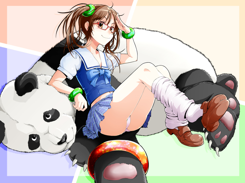1girl absurdres bespectacled bracelet brown_eyes brown_hair flat_chest glasses highres jewelry kyo9999 ling_xiaoyu loose_socks miniskirt panda panda_(tekken) panties pantyshot plaid_clothes plaid_skirt red-framed_eyewear salute school_uniform serafuku shoe_dangle sitting skirt smile socks tekken twintails underwear upskirt