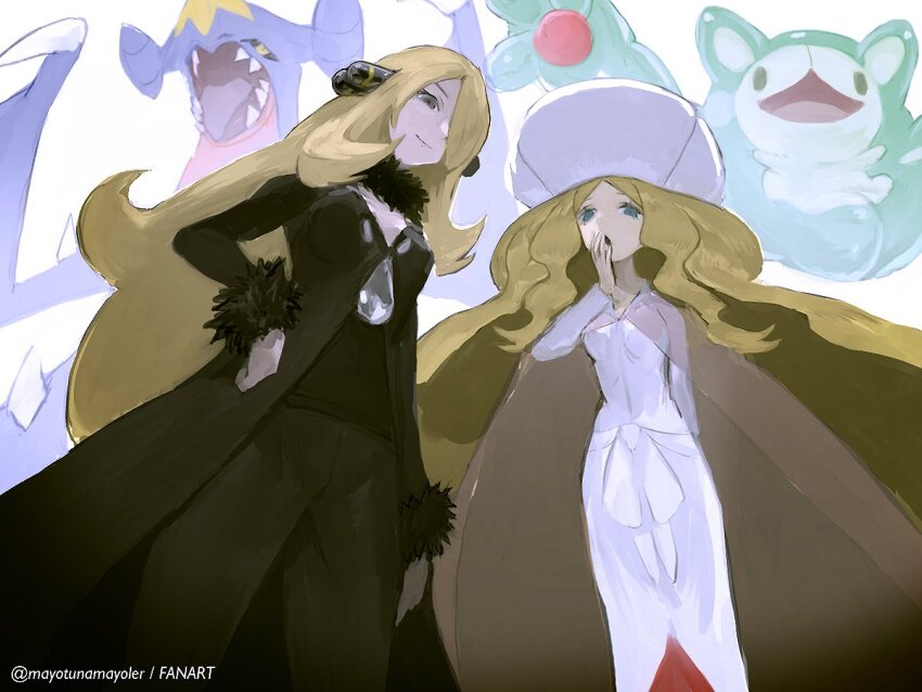 2girls artist_name black_coat black_eyes black_pants black_shirt blonde_hair blue_eyes breasts caitlin_(pokemon) cape cleavage closed_mouth coat commentary covering_own_mouth cynthia_(pokemon) dress floating from_below fur-trimmed_coat fur-trimmed_sleeves fur_collar fur_trim garchomp gen_4_pokemon gen_5_pokemon hair_ornament hair_over_one_eye hand_on_own_hip hand_over_own_mouth hat long_hair looking_at_viewer looking_down mayotsunamayo medium_breasts multiple_girls nintendo one_eye_covered open_mouth pants pokemon pokemon_(creature) pokemon_bw pokemon_dppt reuniclus see-through_cape sharp_teeth shirt small_breasts smile standing teeth twitter_username very_long_hair white_background white_dress white_hat yawning yellow_eyes