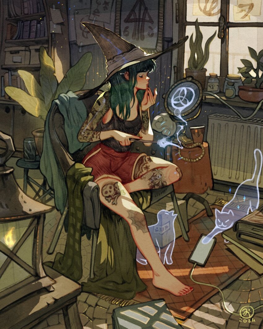 1girl applying_lipstick applying_makeup arm_tattoo artist_logo barefoot black_shirt book bookshelf cat cellphone chair closed_eyes closed_mouth clothes_on_chair commentary cup day english_commentary flower_tattoo ghost green_hair hat heater highres holding holding_wand jar lantern leg_tattoo logo long_hair looking_at_mirror magic mirror nail_polish on_chair original phone plant poster_(object) potted_plant red_nails red_shorts rug runes shirt shorts simz skull_and_crossbones_tattoo sleeveless sleeveless_shirt slice_of_life smartphone solo spider_web_tattoo sunlight tattoo tattoo_sleeve tile_floor tiles toenail_polish toenails unworn_clothes wand window witch_hat