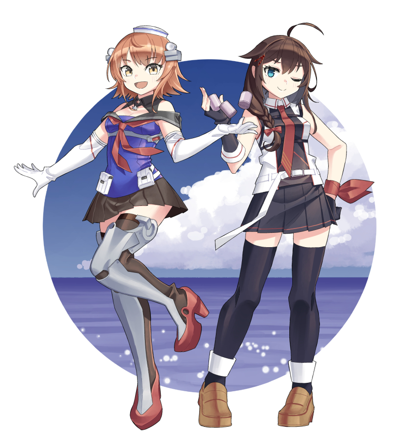 2girls ahoge black_gloves black_skirt black_thighhighs blue_eyes boots breasts brown_hair brown_shoes elbow_gloves fingerless_gloves gloves hair_flaps hair_over_shoulder hair_ribbon hat headgear high_heel_boots high_heels highres historical_connection kantai_collection kazh_(kazu) long_hair looking_at_viewer medium_breasts multiple_girls neckerchief necktie ocean one_eye_closed open_mouth pleated_skirt red_neckerchief red_necktie red_ribbon ribbon richard_p._leary_(kancolle) richard_p._leary_kai_(kancolle) sailor_collar school_uniform serafuku shigure_(kancolle) shigure_kai_san_(kancolle) shirt shoes short_hair skirt sleeveless sleeveless_shirt standing thigh_boots thighhighs water white_gloves white_hat