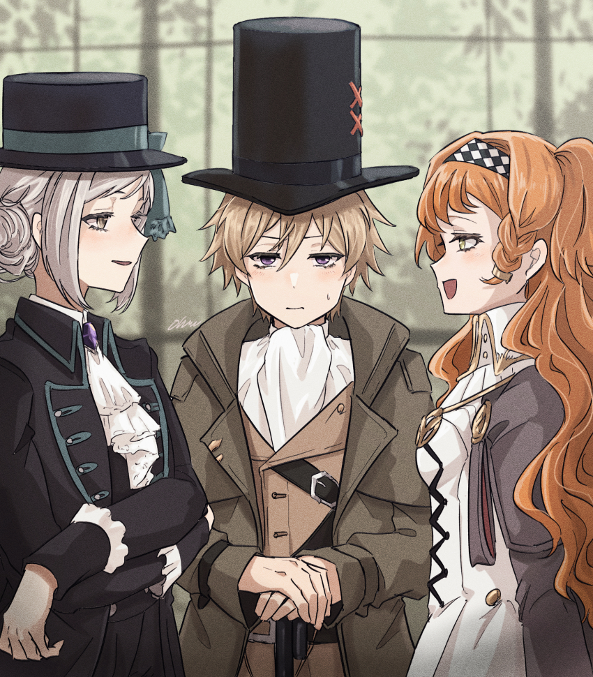 1boy 2girls :d ascot black_coat black_hat blue_bow blurry blurry_background boater_hat bow braid braided_bangs brown_hair brown_vest checkered_hairband coat collared_dress collared_shirt dress face-to-face from_side green_eyes grey_coat grey_eyes grey_hair hair_bun hairband hat hat_bow height_envy highres holding holding_umbrella indoors long_hair long_sleeves looking_at_viewer multiple_girls ohuman oliver_fog open_mouth orange_hair own_hands_together planted planted_umbrella reverse:1999 self_hug shirt short_hair single_side_bun smile sonetto_(reverse:1999) sweat top_hat umbrella upper_body vertin_(reverse:1999) vest wavy_hair white_ascot white_dress white_shirt window