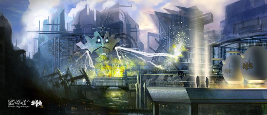 beam building city cloud cloudy_sky copyright_name electricity glowing highres ino_satsu light_particles lightning original outdoors pixiv_fantasia pixiv_fantasia_new_world scenery silhouette sky standing